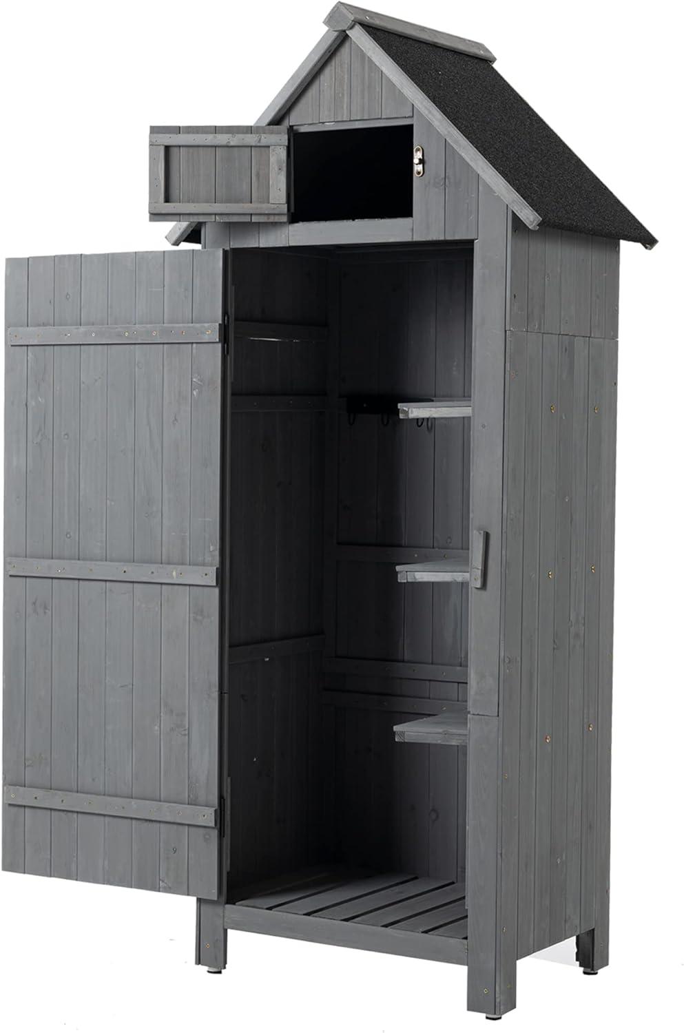 Gray Wooden Outdoor Storage Shed with Shelves and Lockable Doors