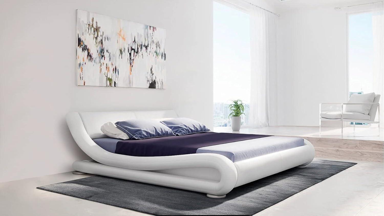 Modern White Genuine Leather Upholstered Queen Platform Bed