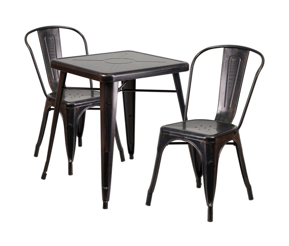 Flash Furniture Commercial Grade 23.75" Square Black Metal Indoor-Outdoor Table Set with 2 Stack Chairs
