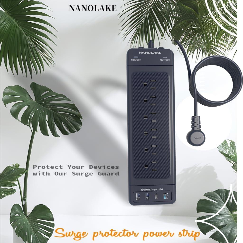 Surge Protector Power Strip 10 ft Cord Heavy Duty High Joules Surge Protection (4800J),18AC,4 USB Ports (2A+2C PD20W Total 37W),1875W 15A,for Commercial,Industrial,Office,Home,College,Black