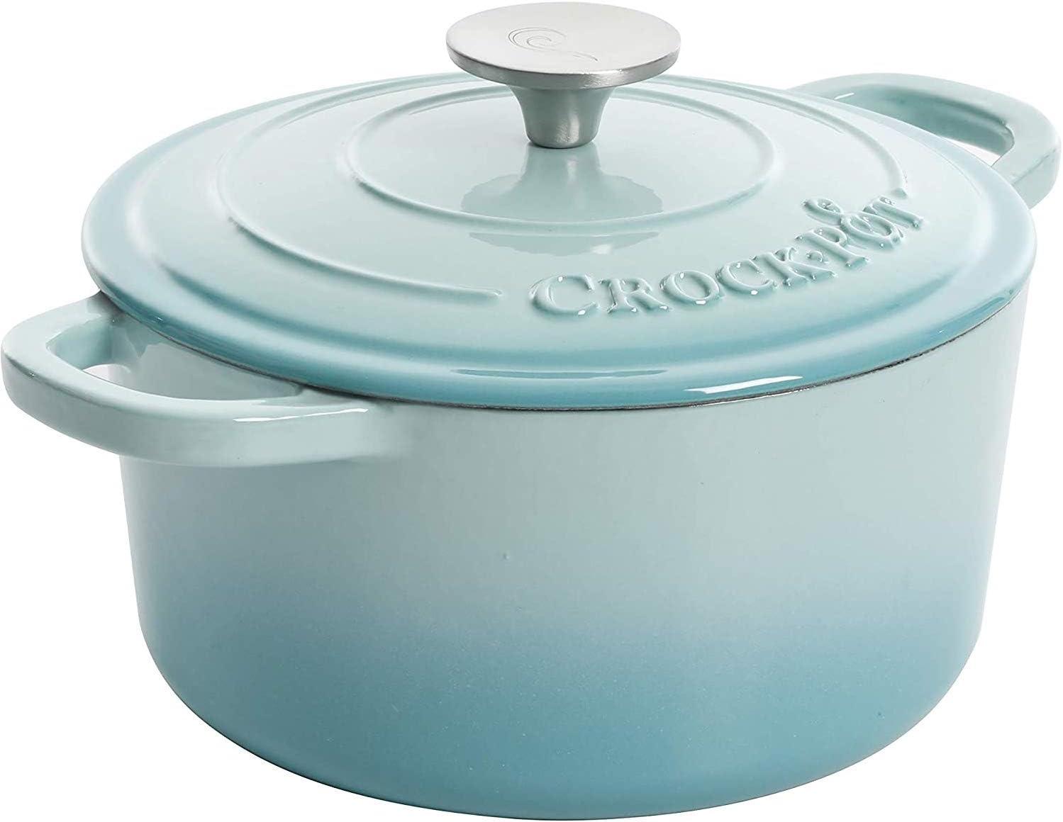 Crock-Pot 3 Quart Round Enamel Cast Iron Covered Dutch Oven Cooker, Aqua Blue