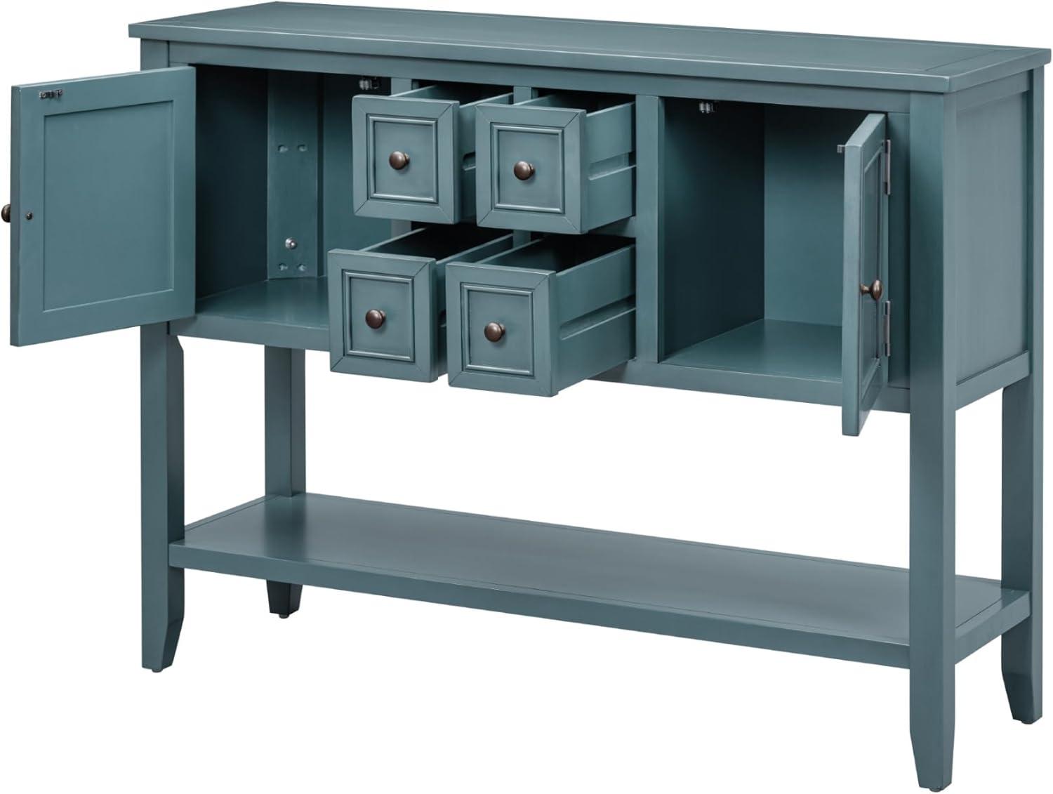 Modern Storage Vintage Console Table with 4 Drawers and 2 Cabinets, Wooden Buffet Sideboard Table with Open Bottom Shelf, Accent Side Table for Living Room, Kitchen, Entryway, Light Navy