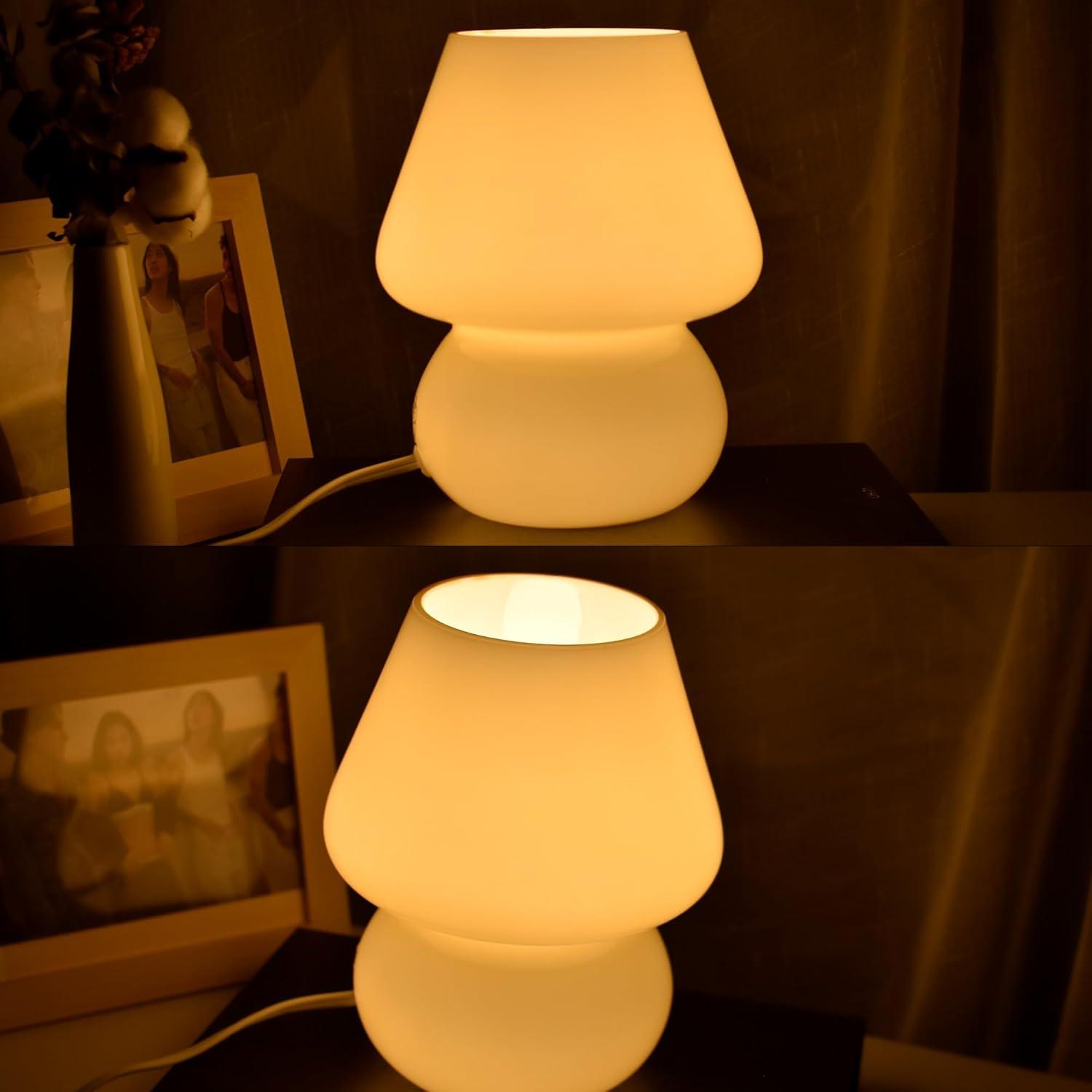 Small Beige Glass Mushroom Table Lamp