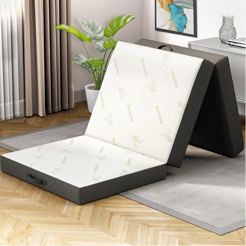 Foldable White and Gray Polyester Foam Trifold Mattress