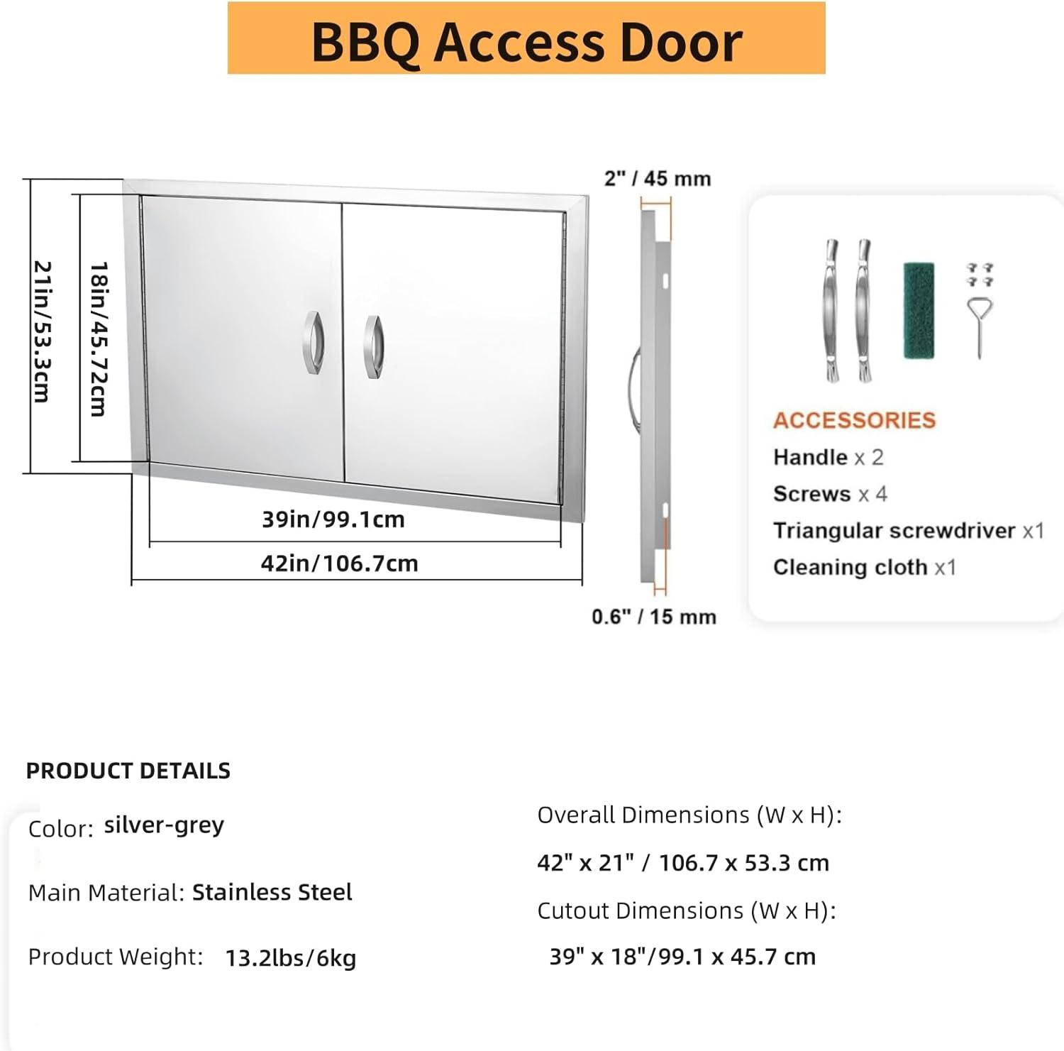 WhizMax BBQ Access Door,42" W x 21" H, Double Outdoor Kitchen Door, Stainless Steel with Handle for Outside,Commercial,BBQ Island,Grilling Station,Outside Cabinet