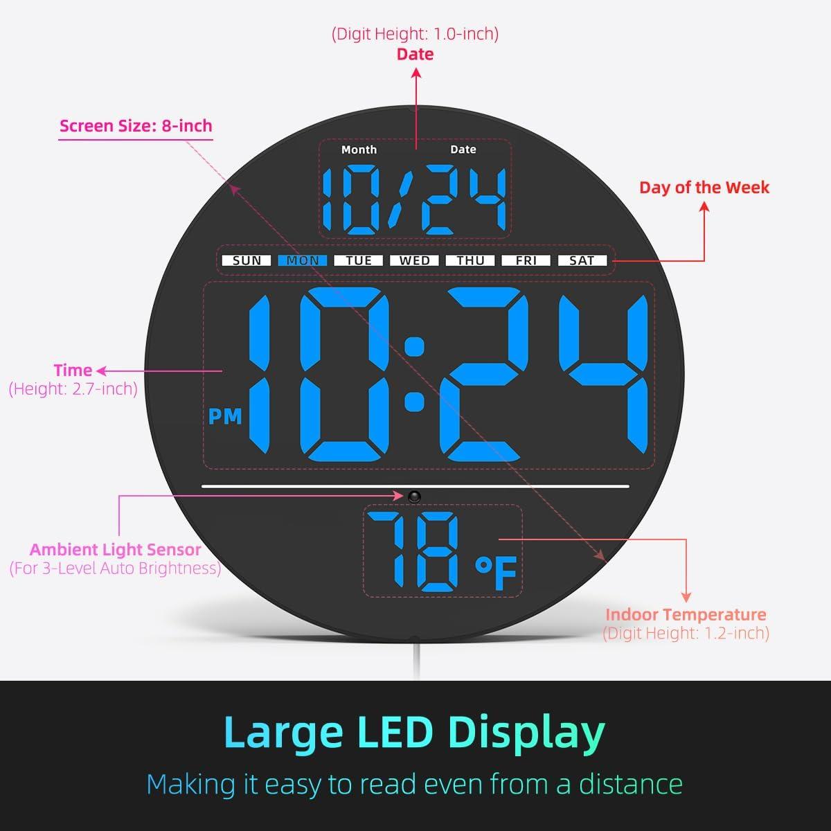 8-Inch Black LED Digital Wall Clock with Temperature Display