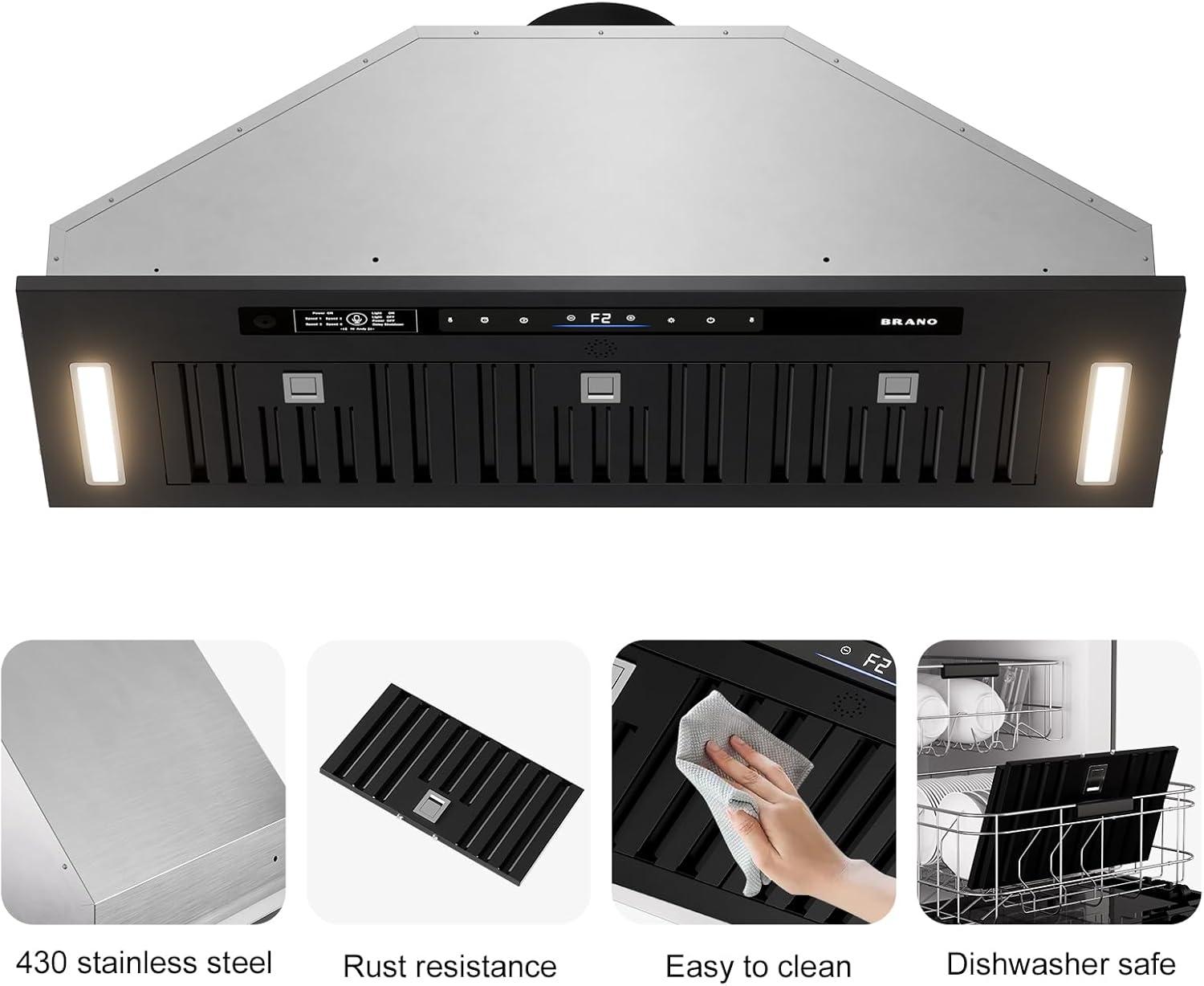 36 In. 900 Cfm Insert Range Hood In Black Stainless Steel With Dishwasher Filter