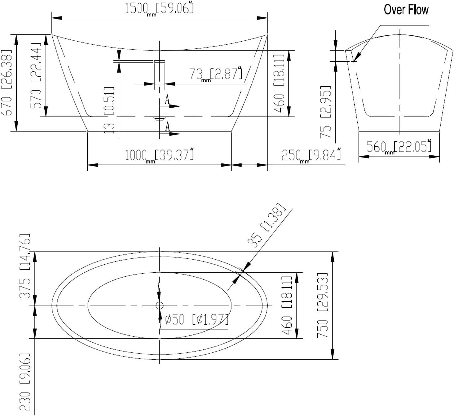 Empava 59'' White Acrylic Freestanding Oval Soaking Tub