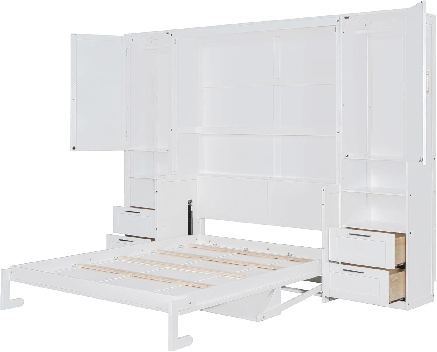 Harper & Bright Designs Queen Size Murphy Bed, Wooden Queen Wall Bed with Closet, Drawers and Shelves, White