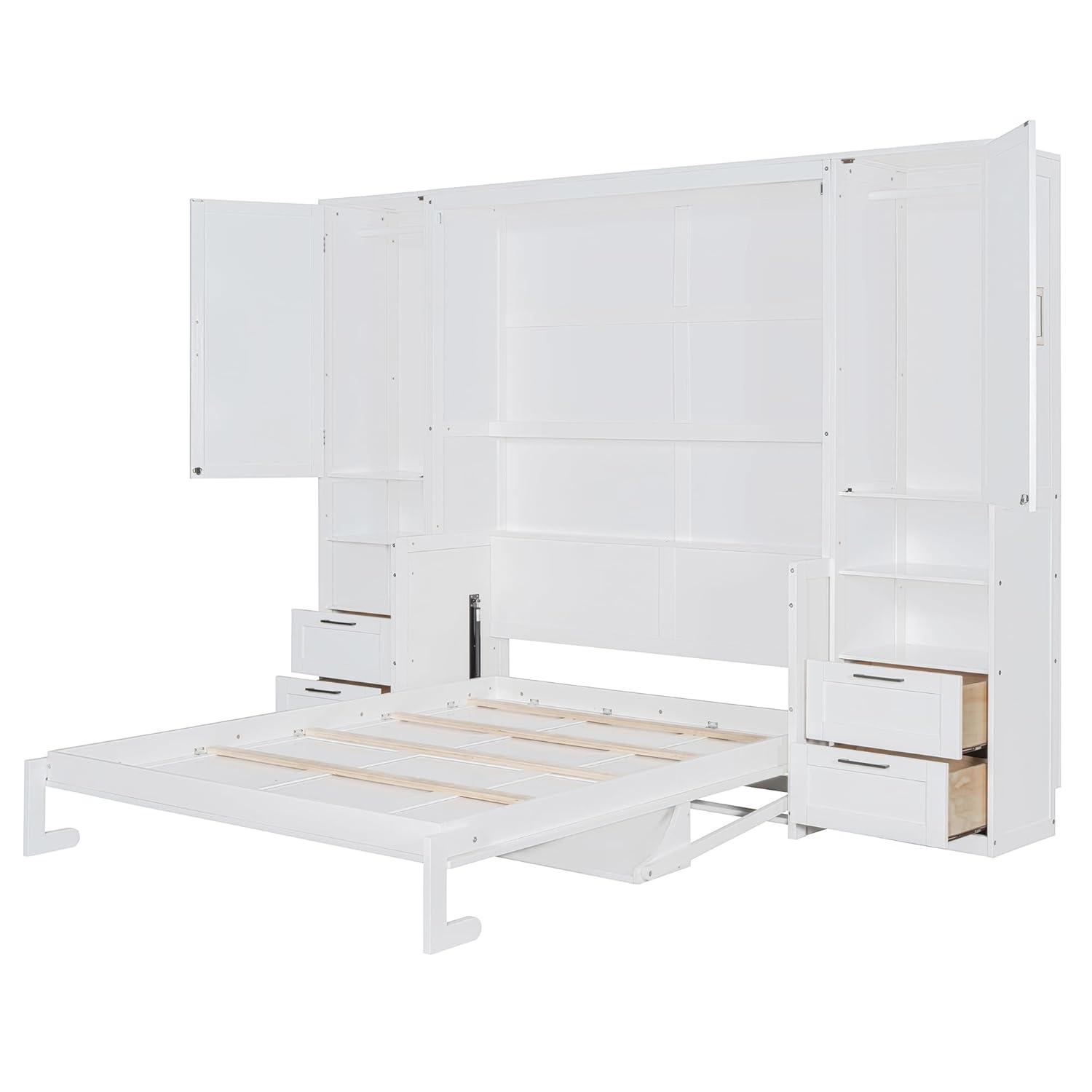 Harper & Bright Designs Queen Size Murphy Bed, Wooden Queen Wall Bed with Closet, Drawers and Shelves, White