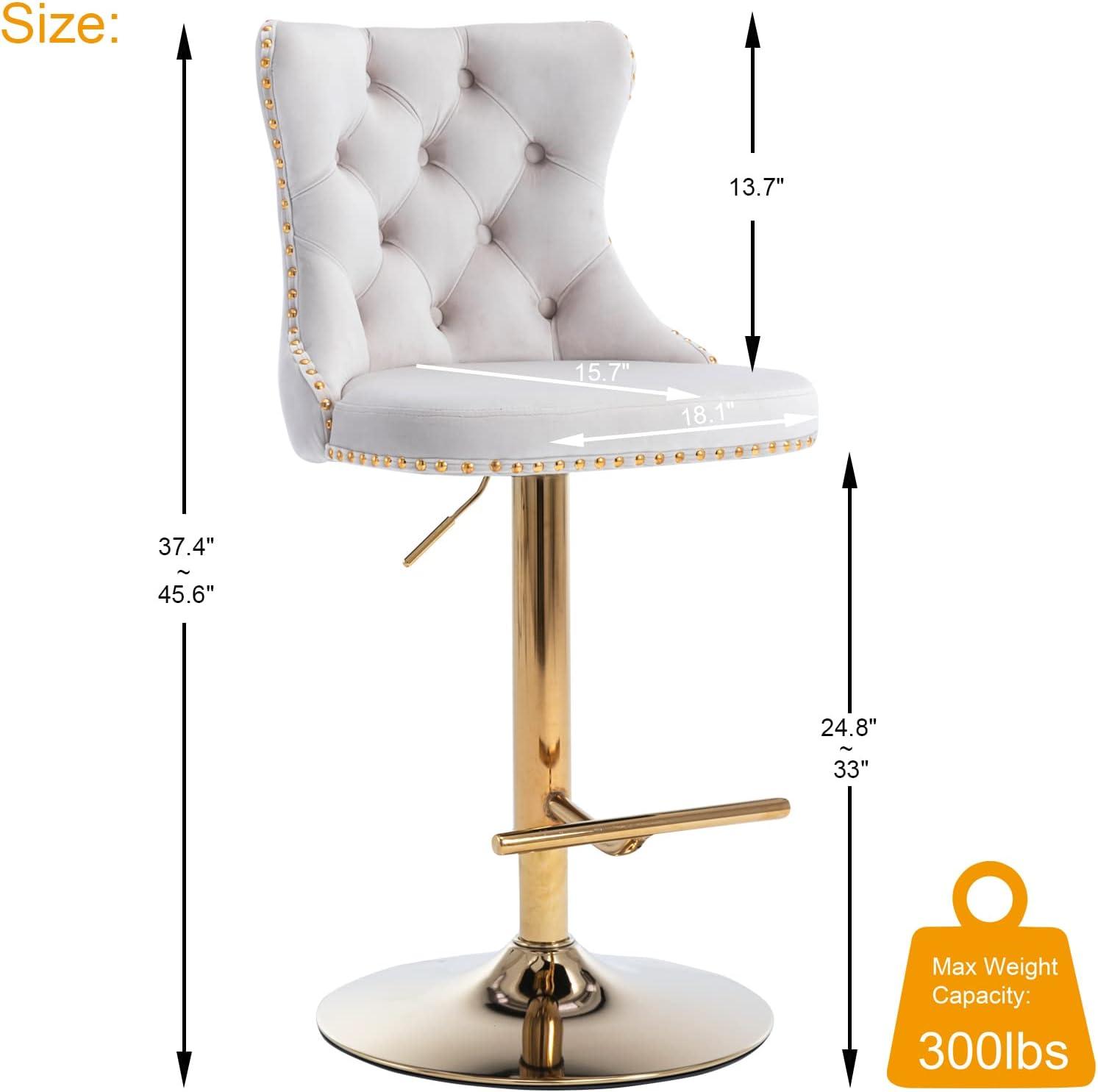 Bar Stools Set of 2, Swivel Barstools with Nailheads Trim, Velvet Button Tufted Back and Golden Footrest, Adjustable Counter Height Bar Stools for Kitchen Counter,Home Bar,Pub, Beige