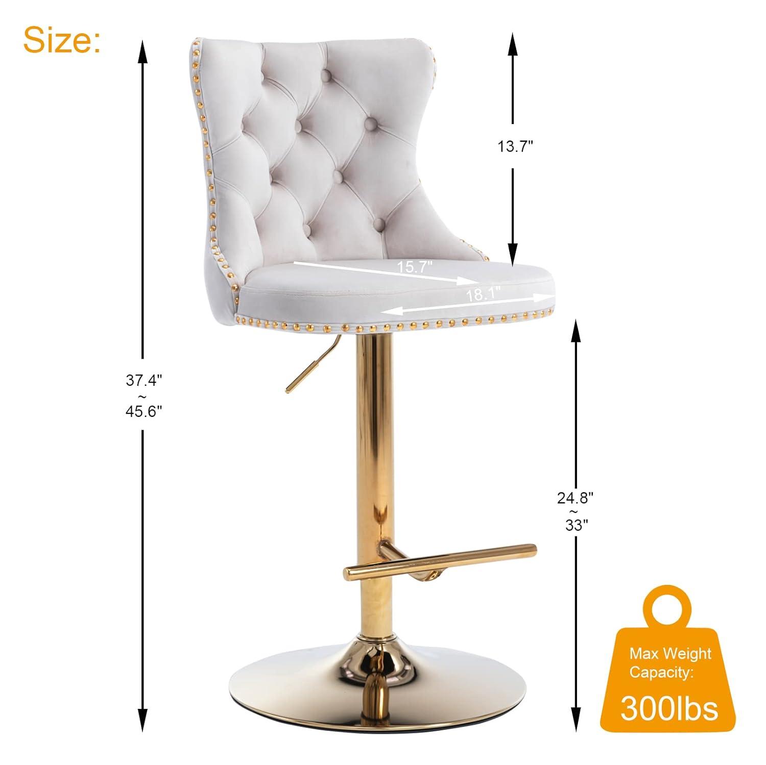Bar Stools Set of 2, Swivel Barstools with Nailheads Trim, Velvet Button Tufted Back and Golden Footrest, Adjustable Counter Height Bar Stools for Kitchen Counter,Home Bar,Pub, Beige