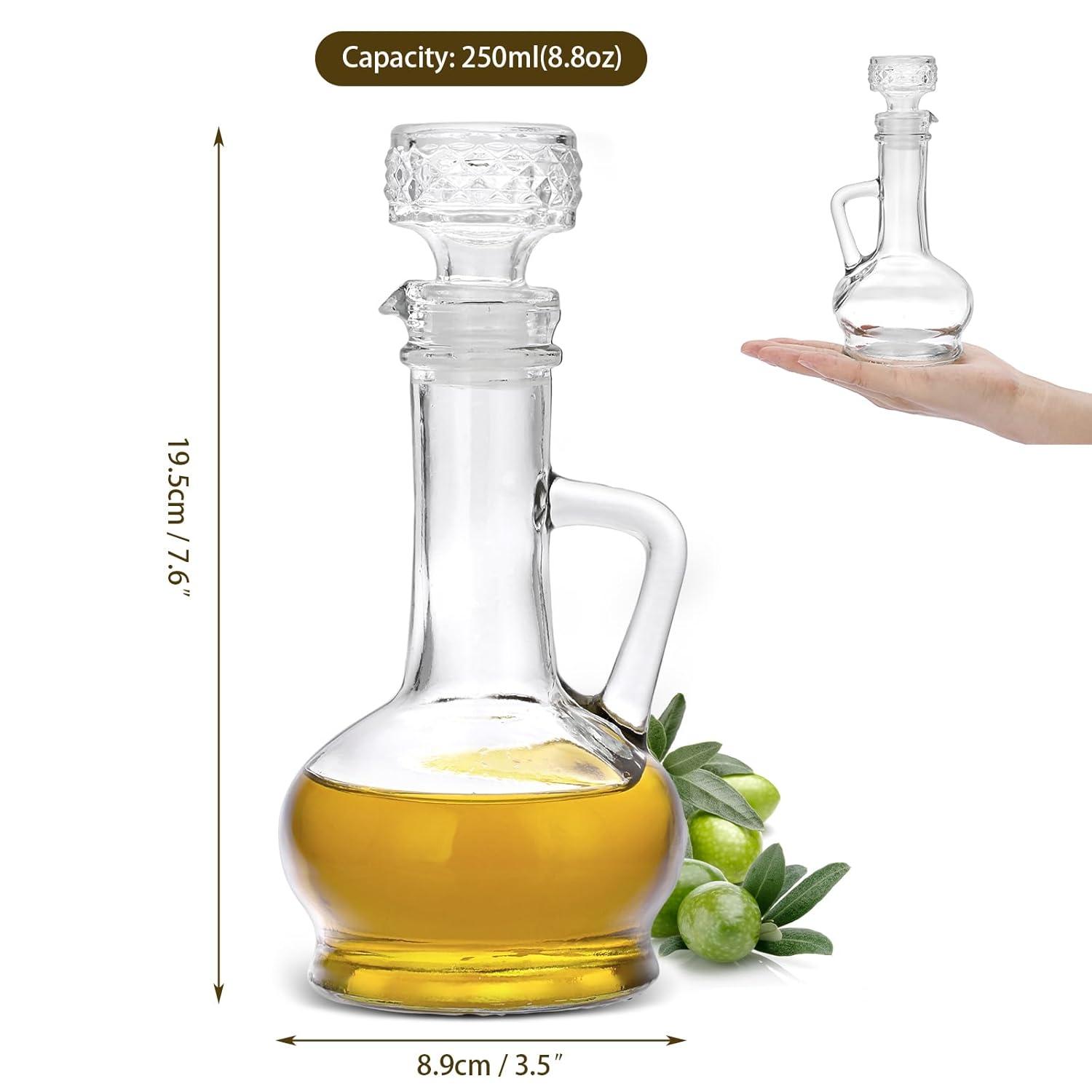 Cornucopia Brands 8oz Glass Oil and Vinegar Cruets (Set of 2); Round Oil Dispensers / Salad Dressing Bottles w/ Stoppers