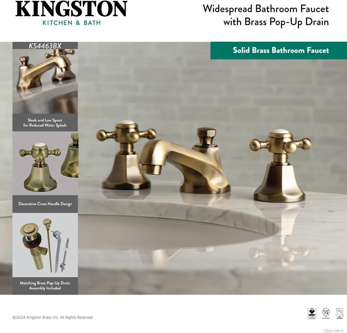 Kingston Brass Metropolitan Two-Handle 3-Hole Deck Mount Widespread Bathroom Faucet with Brass Pop-Up Drain