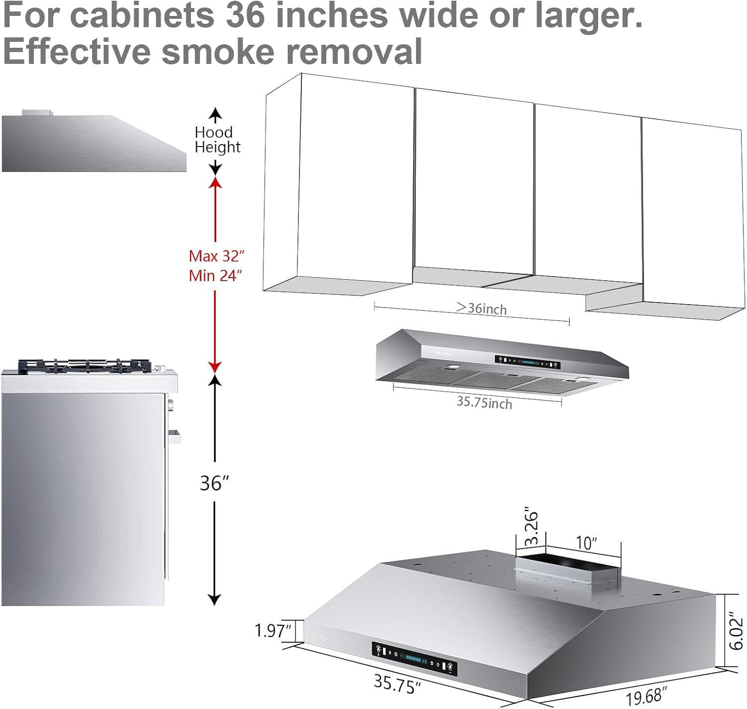 36-Inch Stainless Steel Under Cabinet Range Hood with 900-CFM and Touch Control