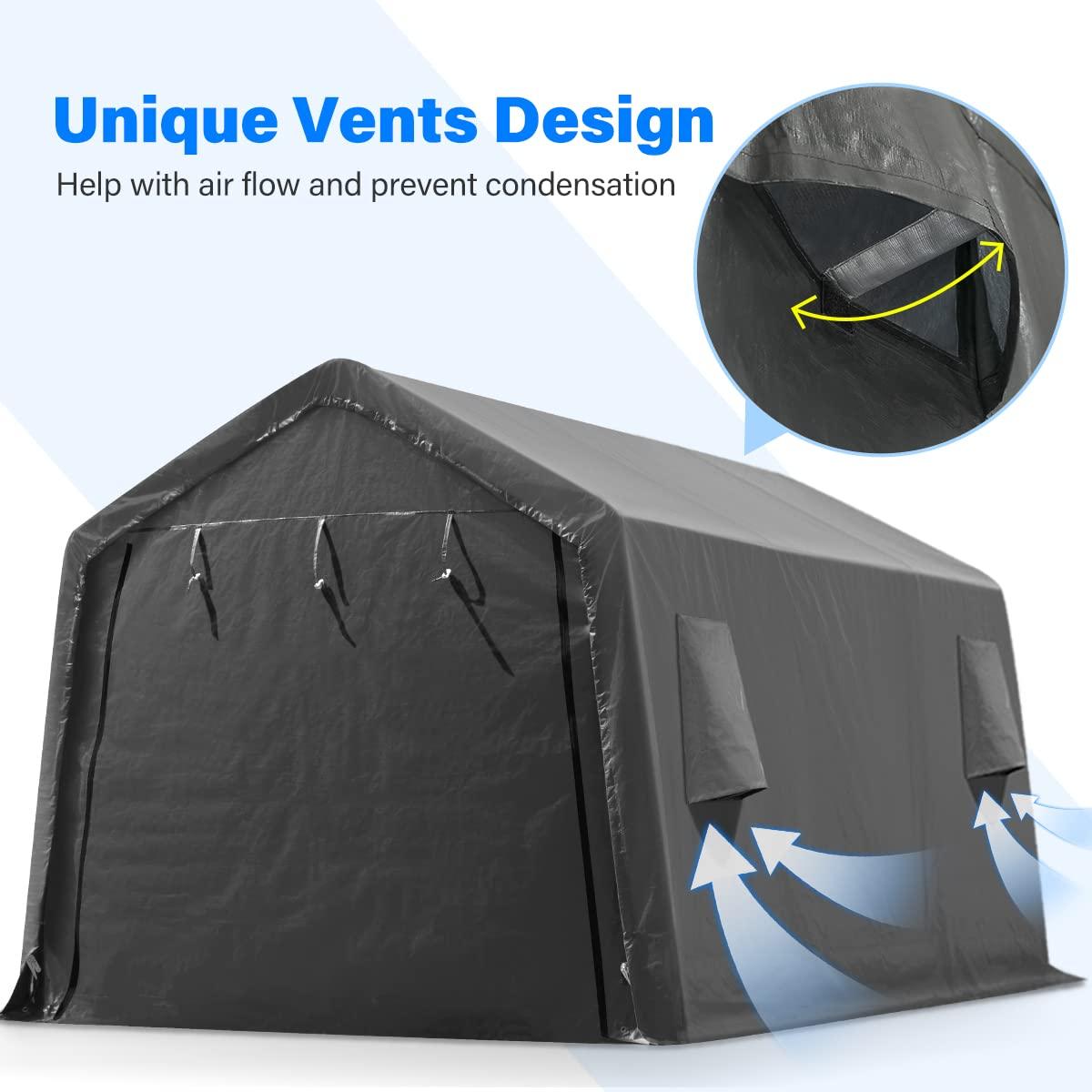 ADVANCE OUTDOOR 10x15 ft Outdoor Storage Shelter Shed with 2 Roll up Zipper Doors & Vents Peak Roof Carport for Motorcycle Waterproof and UV Resistant Anti-Snow, Gray
