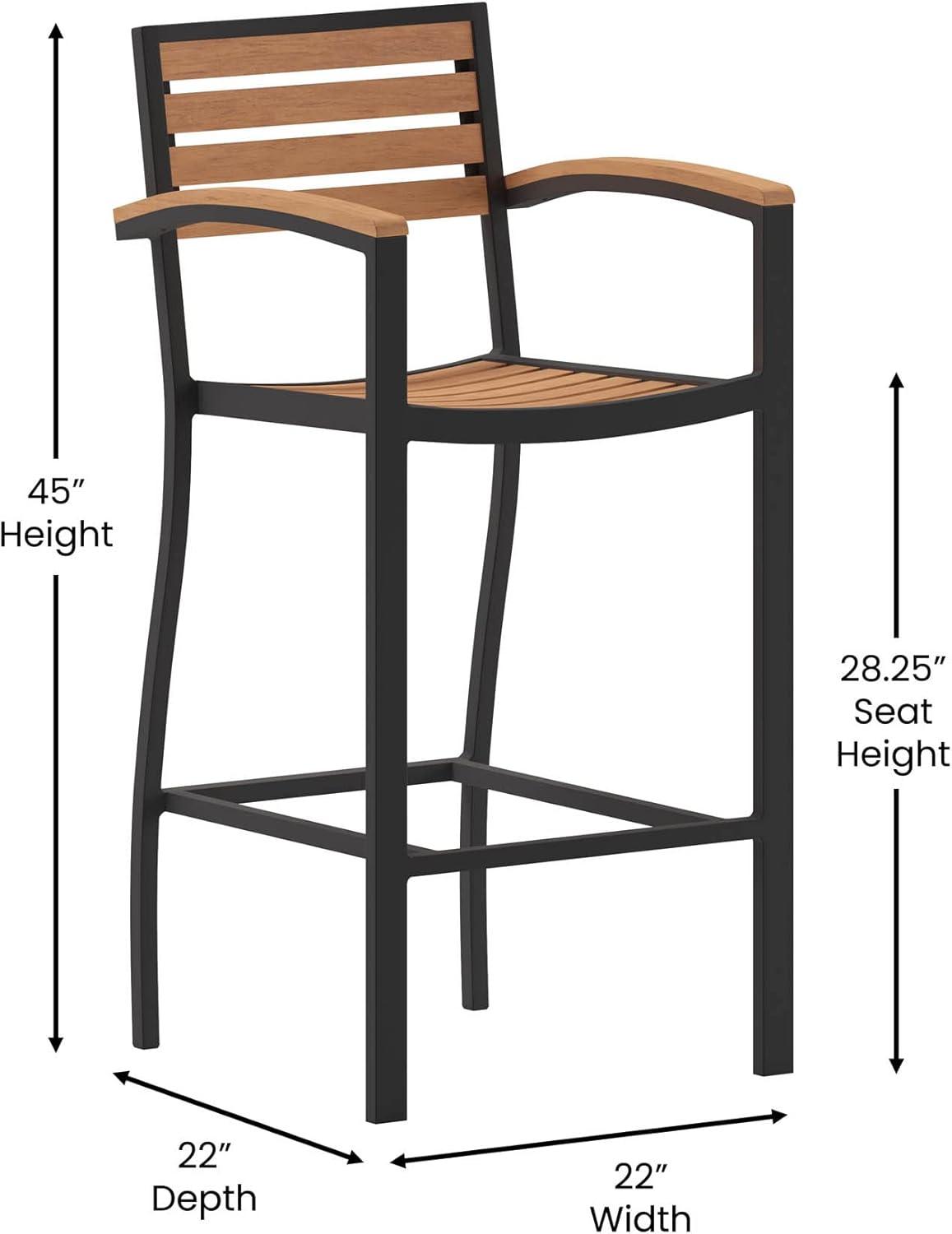 Flash Furniture Lark Commercial Grade Bar Height Stool with Arms, All-Weather Outdoor Bar Stool with Faux Wood Poly Resin Slats and Aluminum Frame