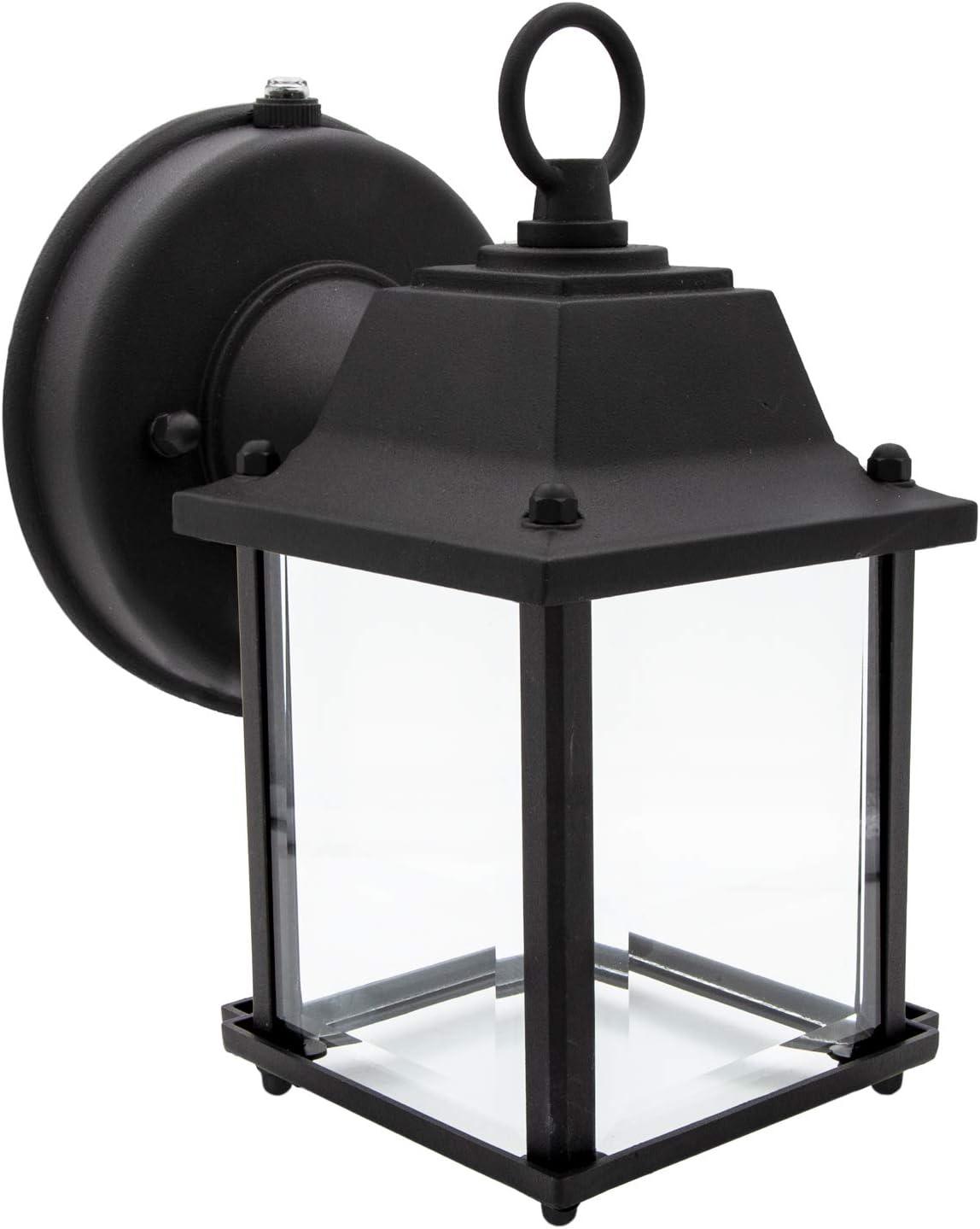 Elegant Black Aluminum Lantern-Style Sconce with Clear Glass and Dusk-to-Dawn Sensor