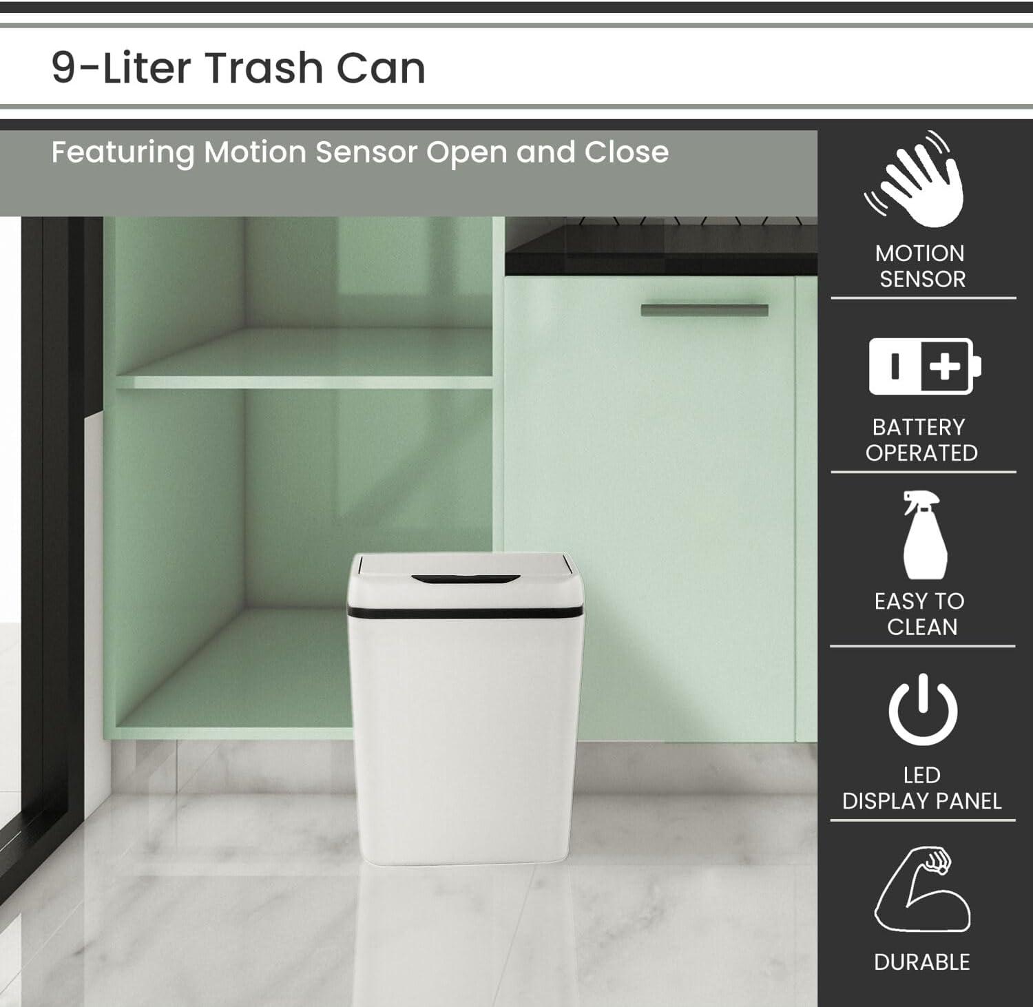 White Plastic Touchless Motion Sensor Trash Can, 2.3 Gallons