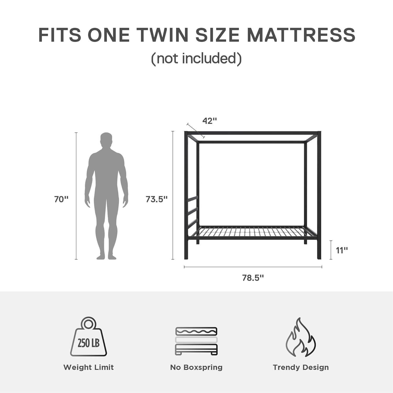 DHP Modern Metal Canopy Bed, Twin, Black