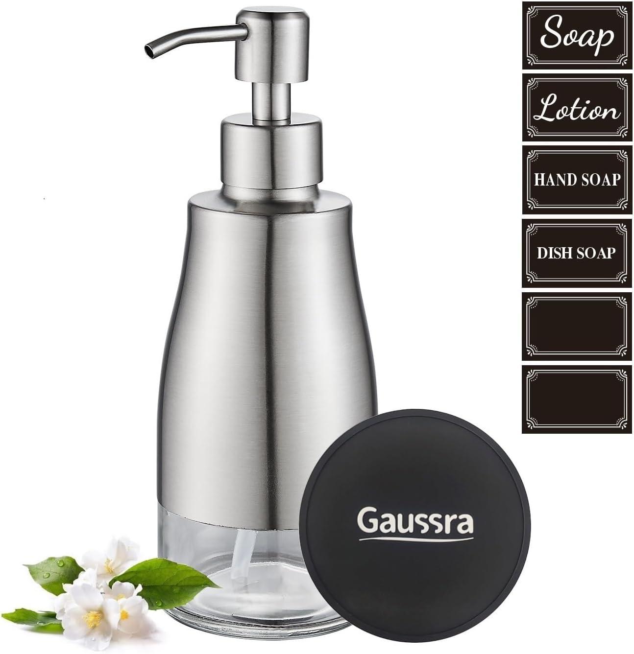 Gaussra Soap Dispenser with Non-Slip Coaster，Brushed Nickel Stainless Steel Case Glass Liner Hand Pump Dispense for Refillable Liquid for Bathroom & Kitchen (11OZ / 320ML) C31