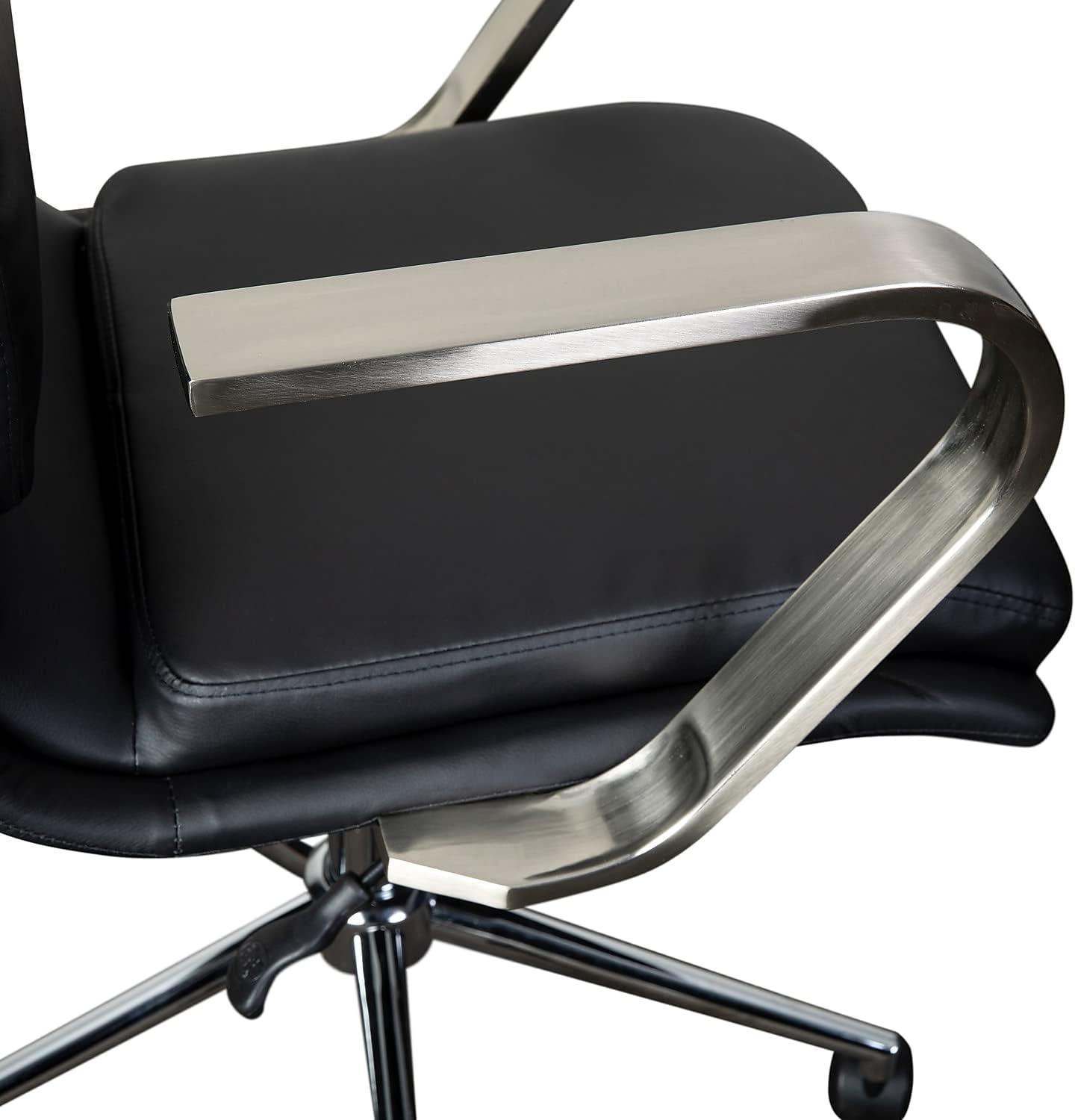 Modern Swivel Mid-Back Executive Chair in Brushed Chrome and Black Leather