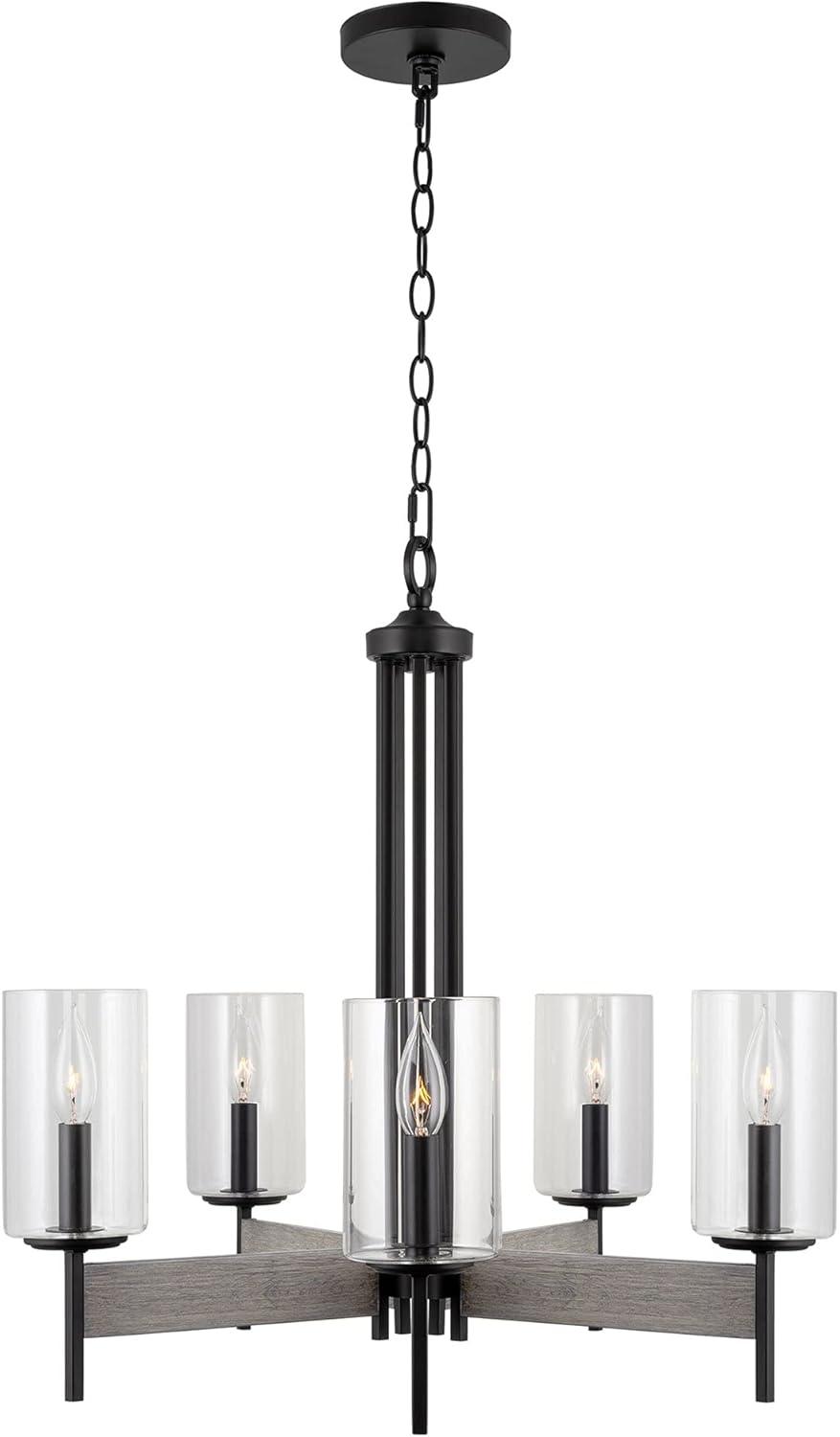 Kira Home Winston 26" 5-Light Farmhouse Dining Room Chandelier + Cylinder Glass Shades, Gray Oak Wood Style + Black