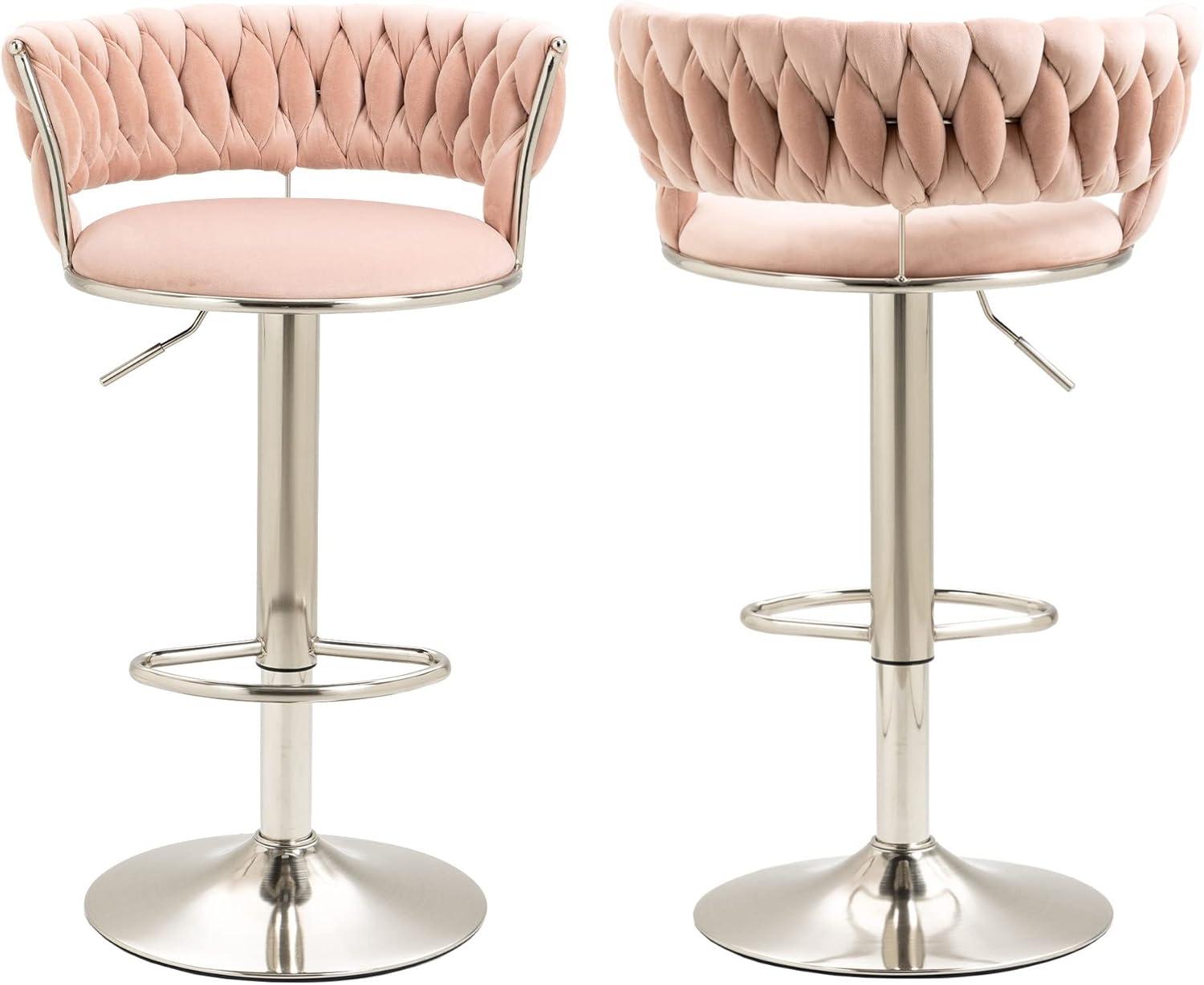 Kakotito 360° Velvet Swivel Bar Stools with Low Back & Footrest, Adjustable Counter Barstools, Silver Bar Stool (Set of 2 - Silver Version, Pink)