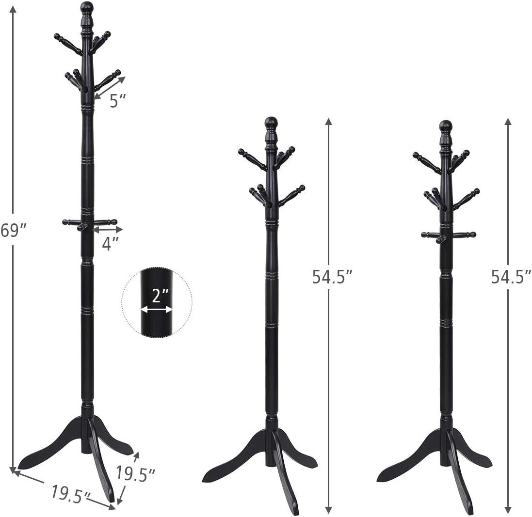 Wood Coat Rack Freestanding, Entryway Height Adjustable Coat Stand with 9 Hooks & Stable Tri-Legged Base, Rubber Wood Coat Tree Hall Tree Coat Hanger Stand for Home Office Hall Entryway, Black