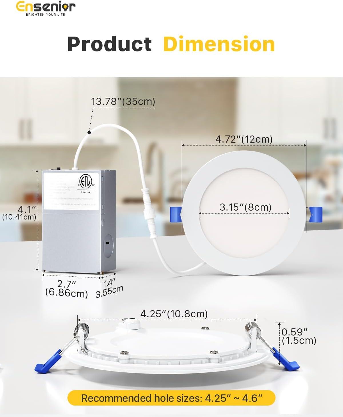 Ensenior 12 Pack 4 Inch Ultra-Thin LED Recessed Ceiling Light with Junction Box, 3000K/4000K/5000K Selectable, 9W 75W Eqv, Dimmable, 750LM High Brightness - ETL and Energy Star Certified 4 Inch 5000k/4000k/3000k - 3cct White