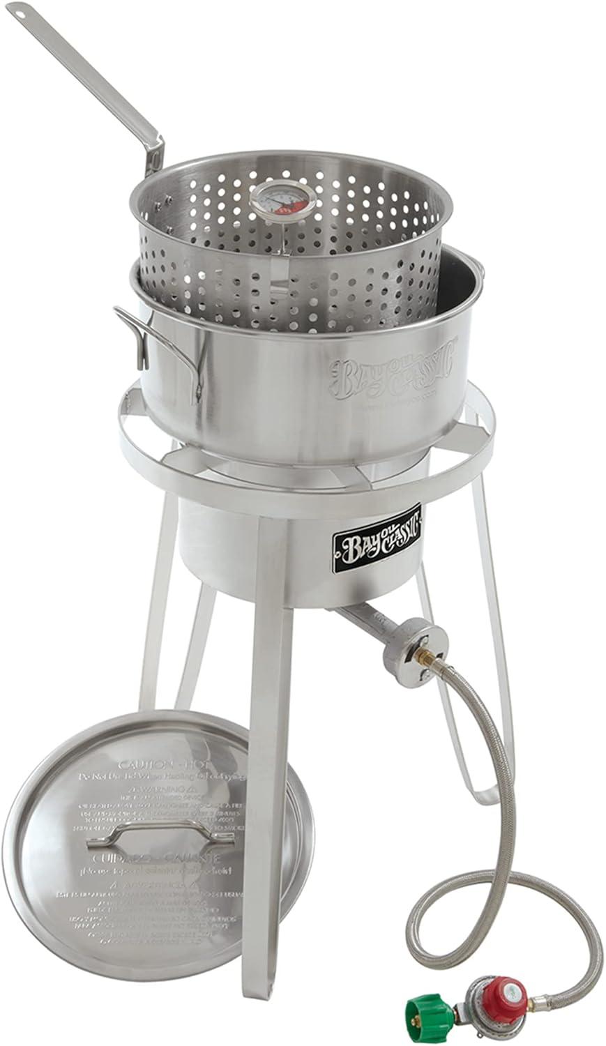 Bayou Classic 1135 10-qt Stainless Fish Cooker Includes 10-qt Fry Pot w/ Lid and Basket 5in Fry Thermometer 4-in Cast Aluminum Burner 5-psi Regulator w/ 36-in Stainless Braided Hose