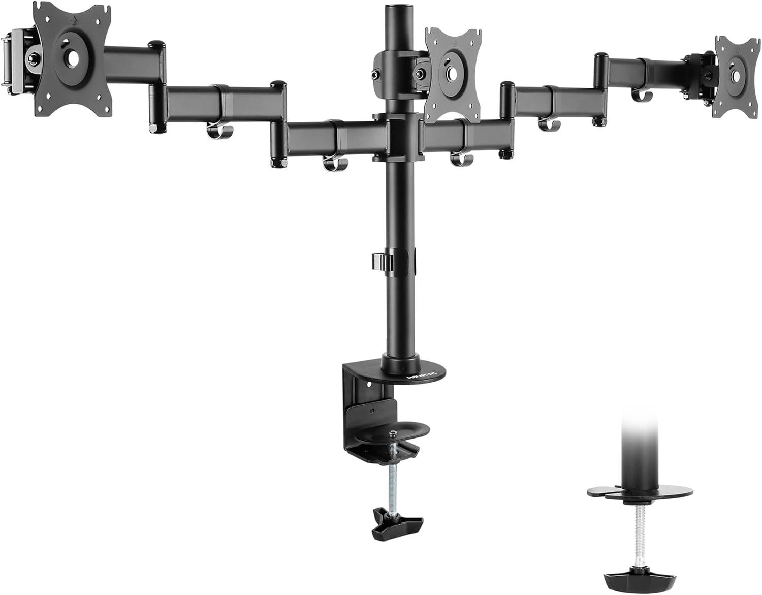 Mount-It! Full Motion Triple Monitor Mount 3 Screen Desk Stand for LCD Computer Monitors for 19 - 27 Inch Monitors, 54 Lbs. Weight Capacity, Black