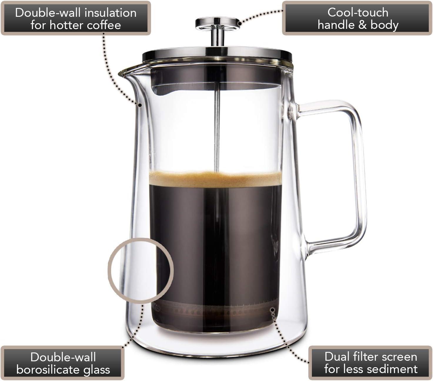 French Press Coffee/Tea Maker - Double-Wall Borosilicate Glass (27oz / 800ml)