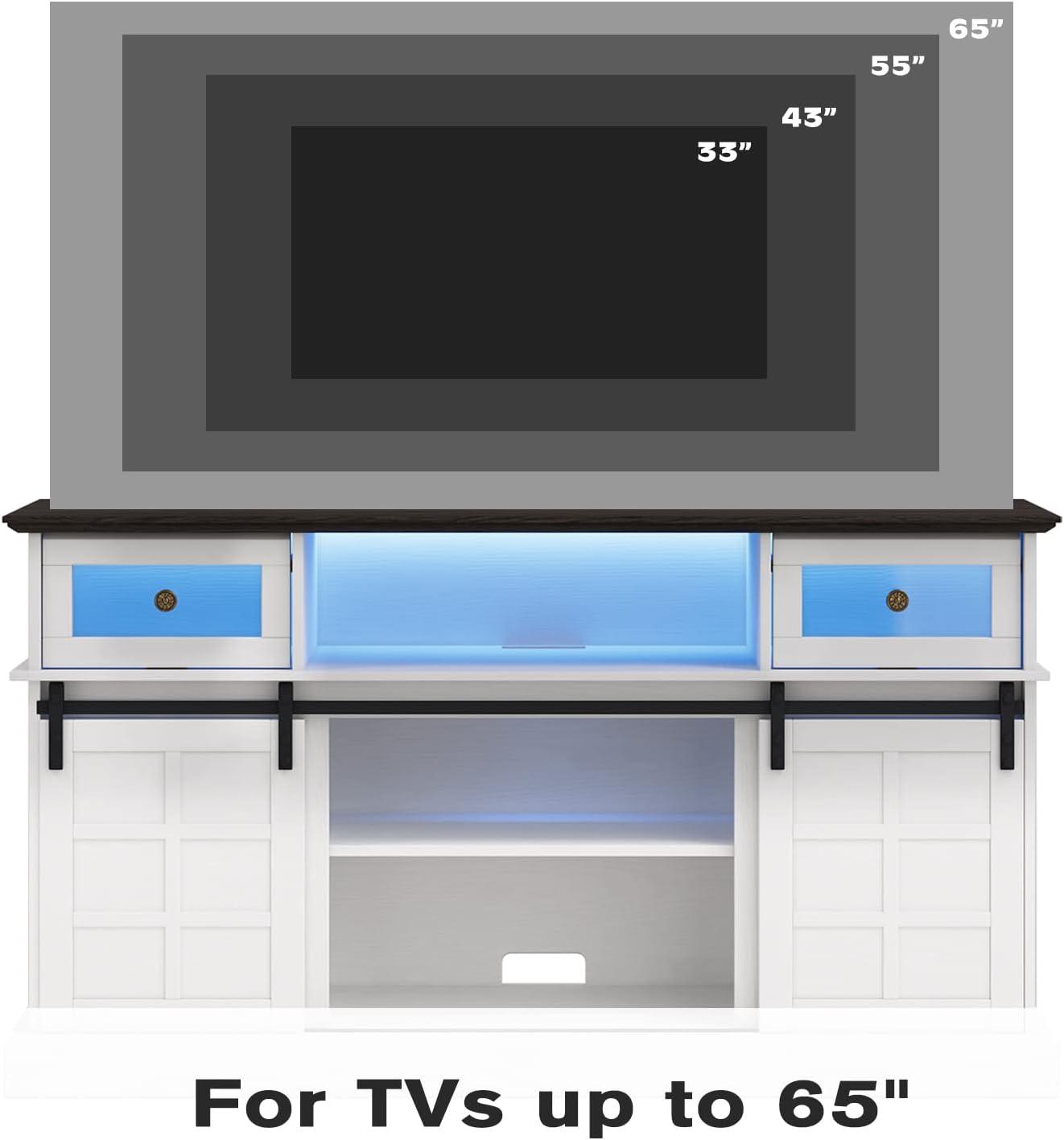 Farmhouse TV Stand W/LED Light, White TV Stand For 65 Inch Tvs, Entertainment Center TV Cabinet Stands With Flip Drawers, Sliding Barn Door TV Center Media Console Table For Living Room Bedroom
