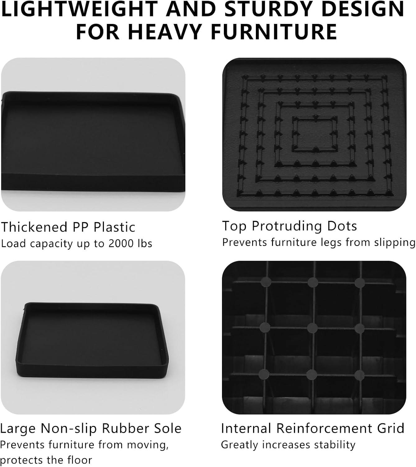 4 Pack Black Adjustable Bed Risers (1 or 3 Inch) for Dorm Beds, Sofas, and Furniture Elevation.