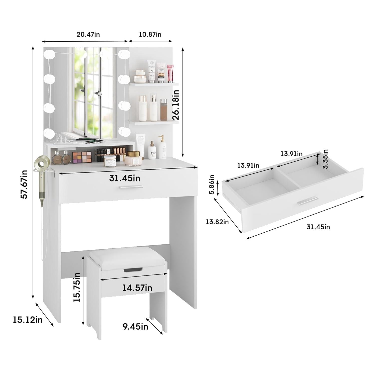Vabches Small Vanity Desk with Mirror and Lights, Makeup Vanity with Storage Chair & Power Strip,Girl Dressing Table Set with Drawer for Bedroom,3 Lighting Modes,Brightness Adjustable,White