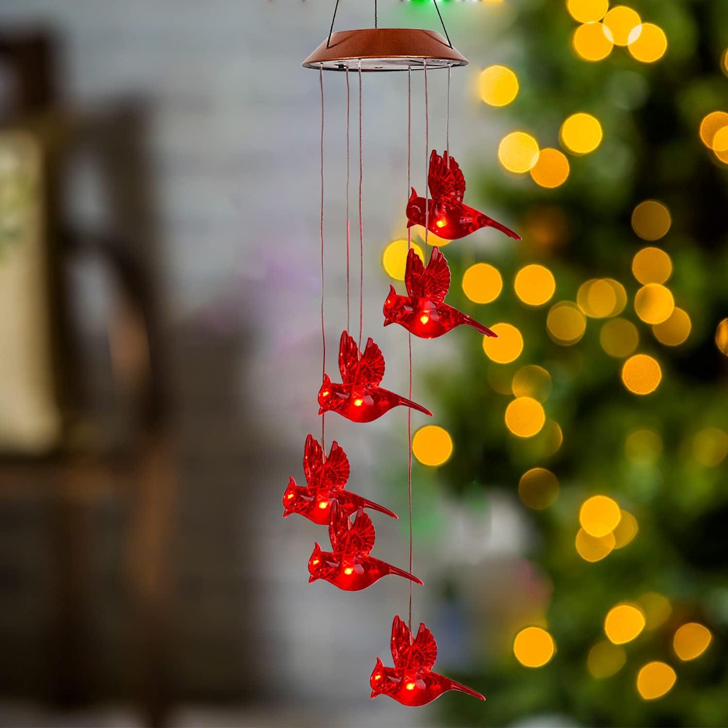 Solar-Powered Red Bird Wind Chimes with LED Lights