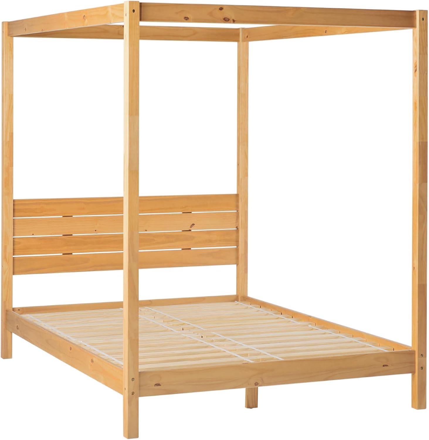 Walker Edison Minimalist Slatted Wood Queen Canopy Bedframe, Natural Pine