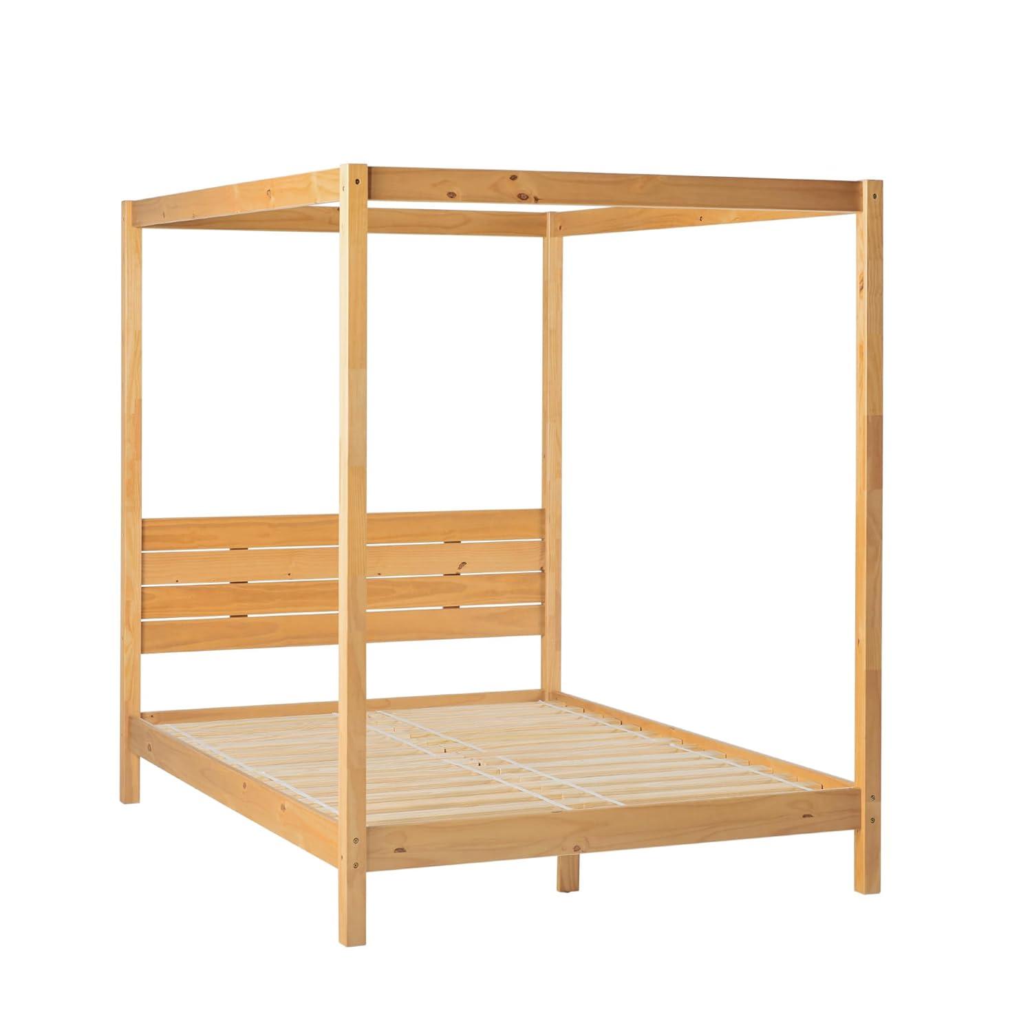 Walker Edison Minimalist Slatted Wood Queen Canopy Bedframe, Natural Pine