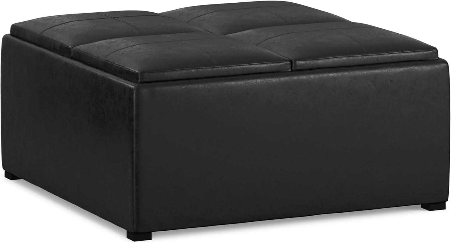 Simpli Home Avalon 35"W Upholstered Square Coffee Table Storage Ottoman with Flip-Over Trays