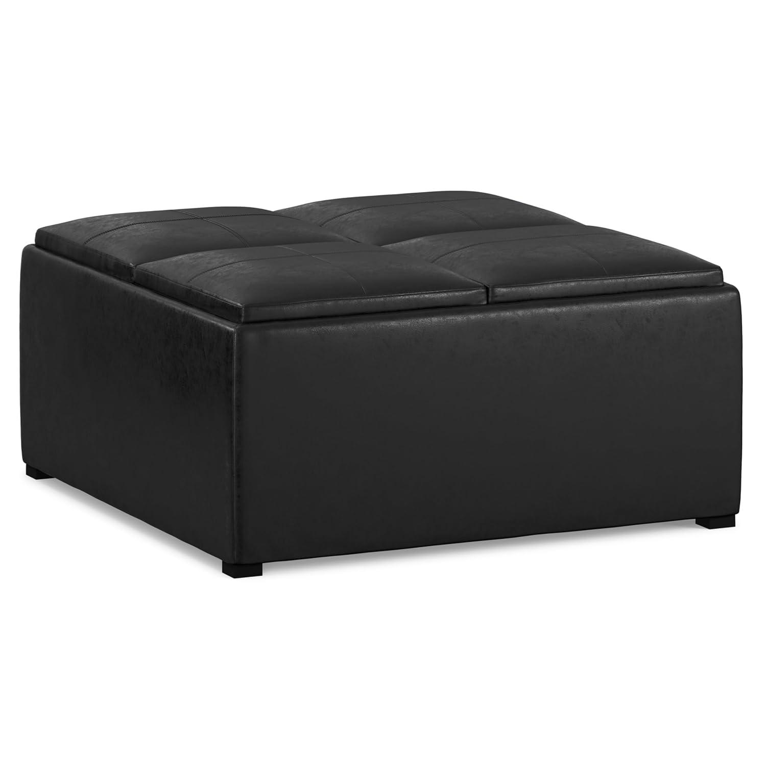 Simpli Home Avalon 35"W Upholstered Square Coffee Table Storage Ottoman with Flip-Over Trays
