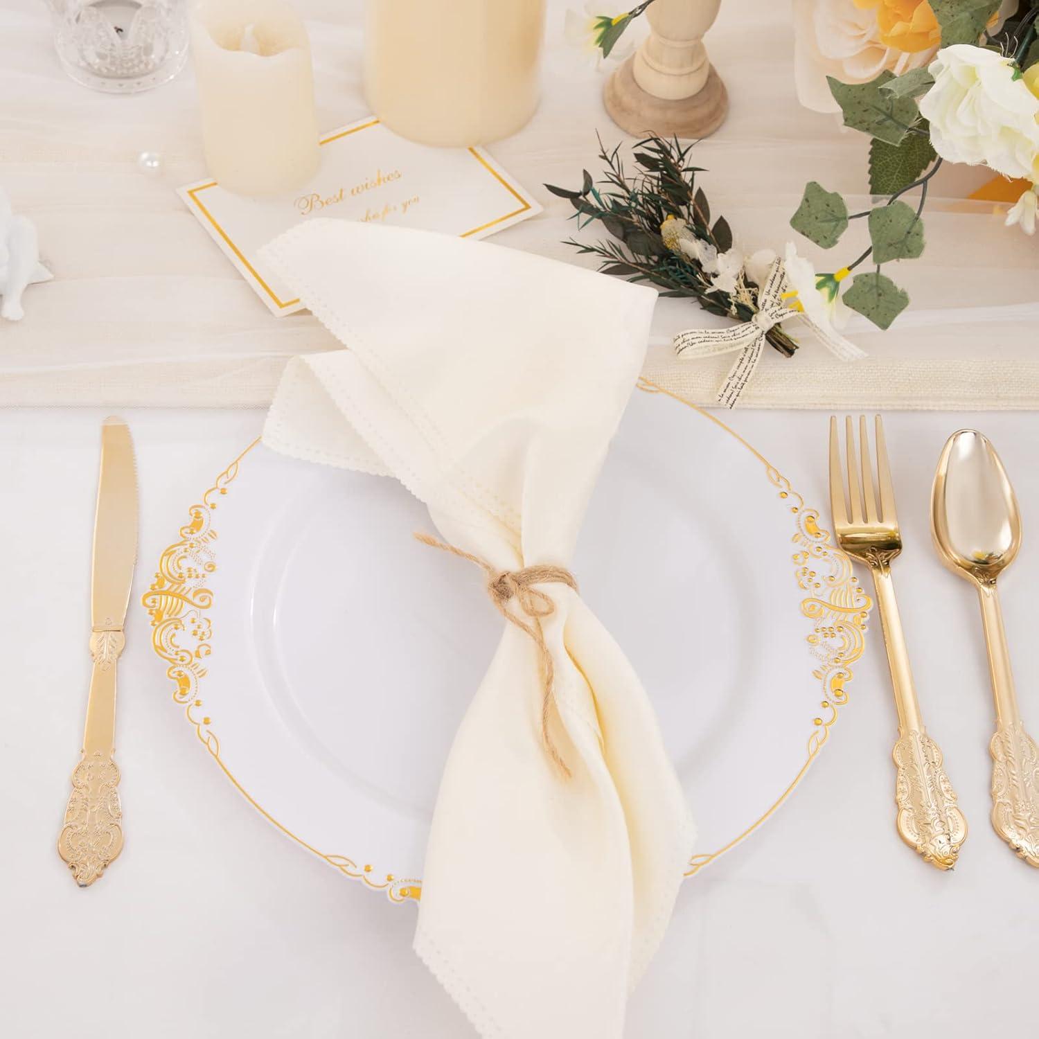 Elegant White and Gold 10.25" Plastic Dinner Plates Set