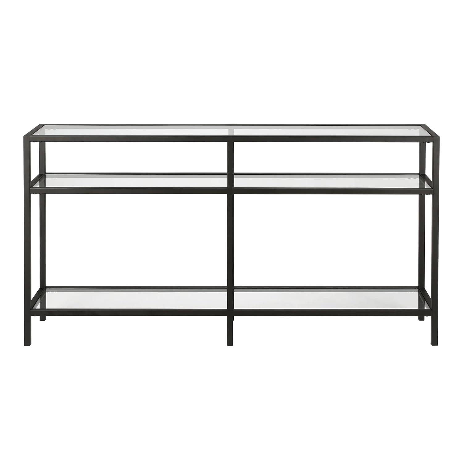Sivil 55" Blackened Bronze and Black Metal Console Table with Glass Top