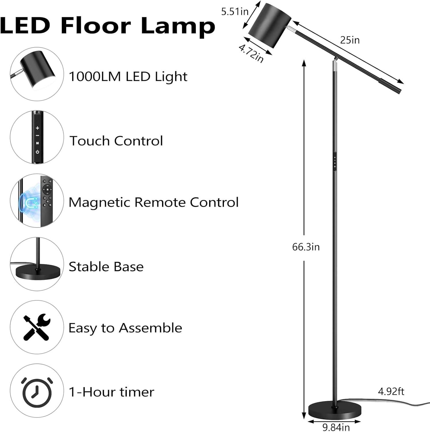 Floor Lamps for Living Room, Modern Stepless Dimmable Standing Lamp with Remote & Touch Control, Adjustable Swing Arms 73" Tall Black Floor Lamp for Reading Sewing Craft
