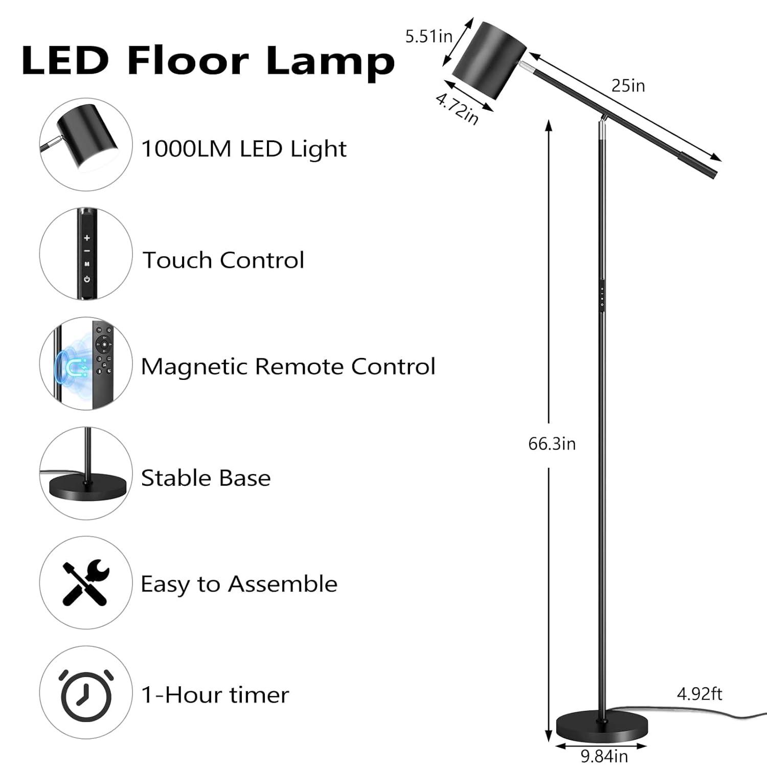 Floor Lamps for Living Room, Modern Stepless Dimmable Standing Lamp with Remote & Touch Control, Adjustable Swing Arms 73" Tall Black Floor Lamp for Reading Sewing Craft