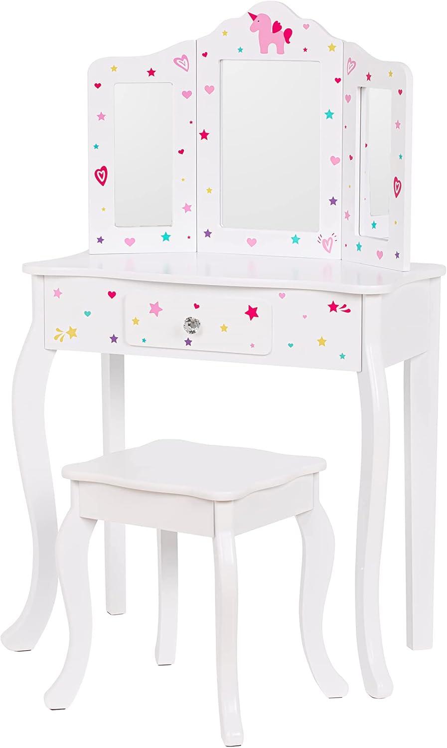 White Princess-Themed Kids Vanity Table and Chair Set with Mirror