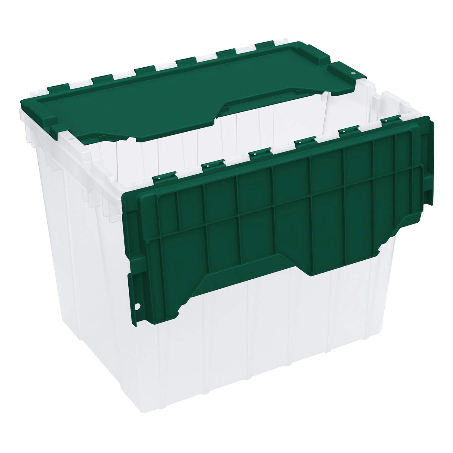 Akro-Mils KeepBox 18 Gallon Storage Container, Nesting and Stackable Plastic Storage Box with Lid Attached, Clear Tote for Garages, Closets, and Moving, 21" x 15" x 17", Clear/Green