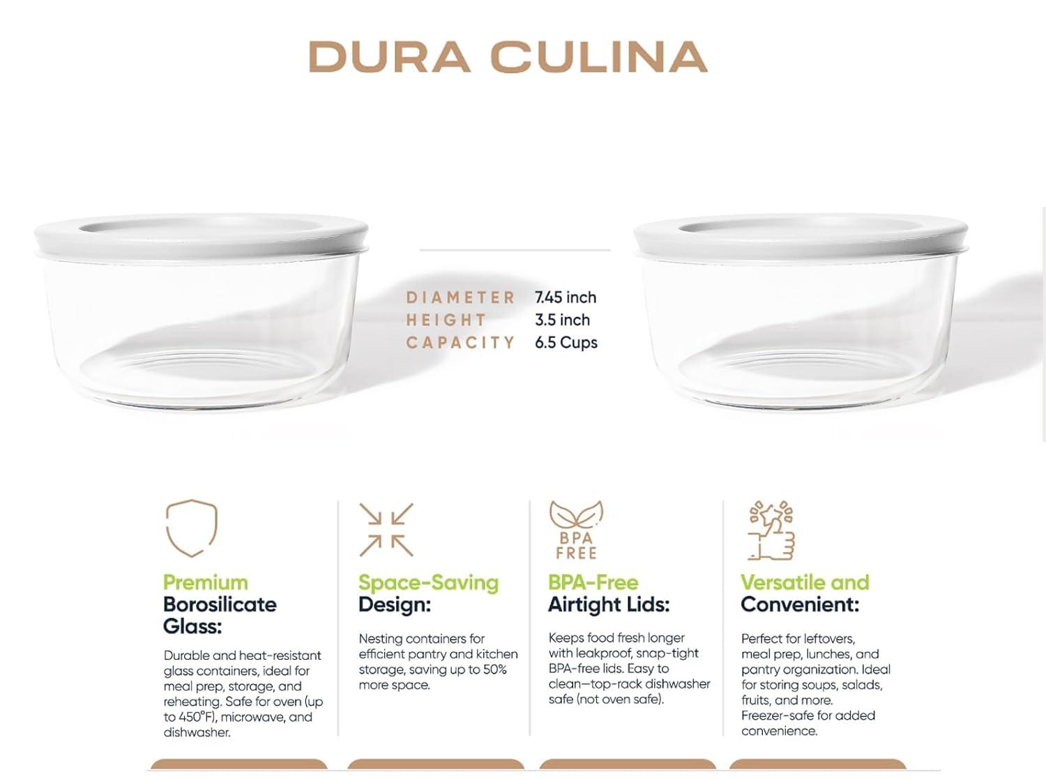 Dura Culina® 8pc 1 Cup Size Glass Food Round Storage Set - White