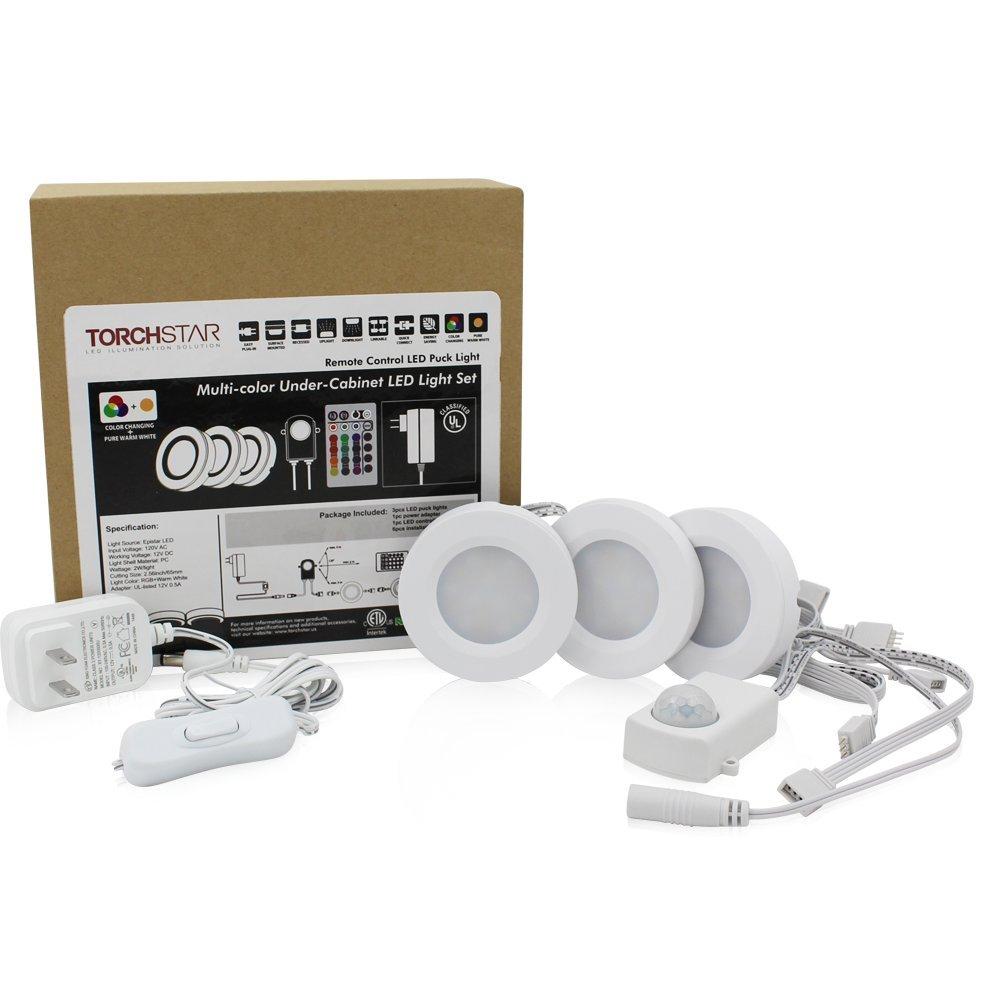 TORCHSTAR Set of 3 Multicolor LED Under Cabinet Lighting Kit, UL-Listed Power Adapter, Surface and Recessed Mount LED Puck Lights, IR Remote Control, Warm White
