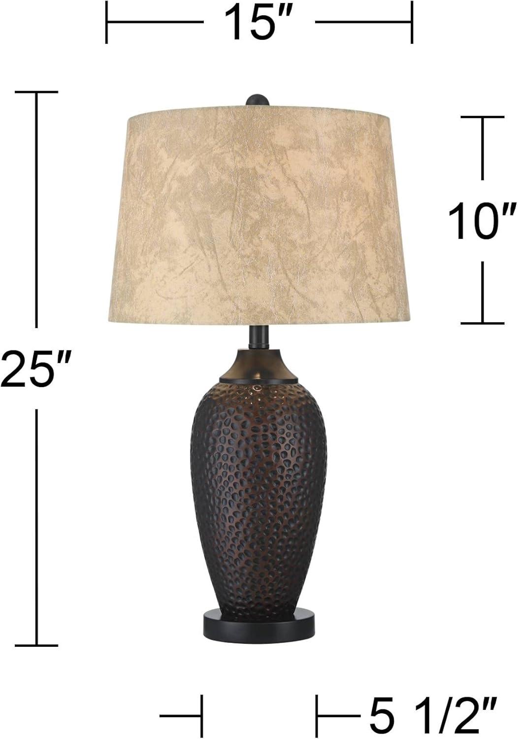 Franklin Iron Works Kaly Rustic Industrial Table Lamps 25" High Set of 2 Hammered Oiled Bronze with USB Charging Port Faux Leather Drum Shade for Desk